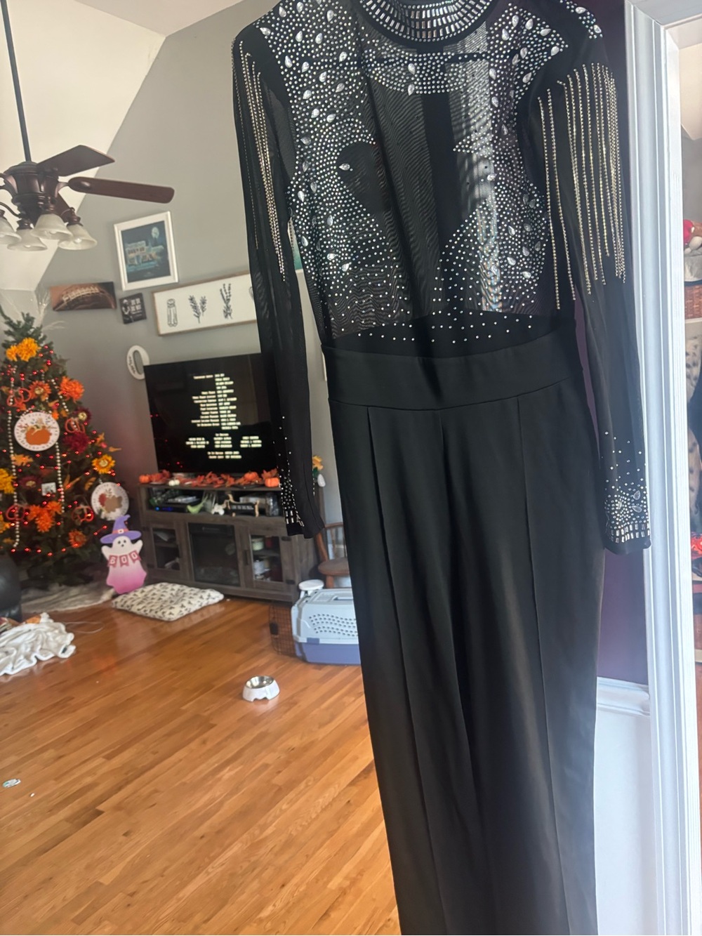 Amazon Black Embellished Long-Sleeve Wide-Leg Jumpsuit